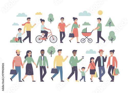 A colorful flat vector illustration shows men, women, and children walking among a crowd of joyful people outdoors, with diverse couples and friends chatting and meeting on the street, set against a