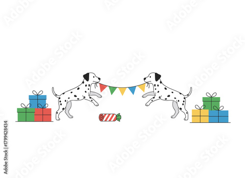 Illustrated in flat vector style, these amusing dogs hold Christmas gift boxes, with cute animals and presents set against a white background, ideal for a festive New Year greeting card or postcard