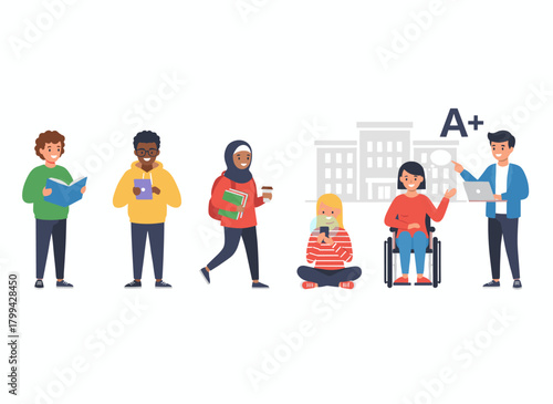 A set of male and female students in contemporary clothing on a white background, young adults holding books, illustrated as flat cartoon characters