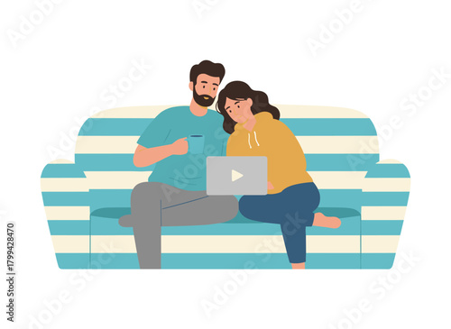 A gay couple in plaid snuggles while watching a movie on a laptop, illustrated in a cute flat vector style on a white background