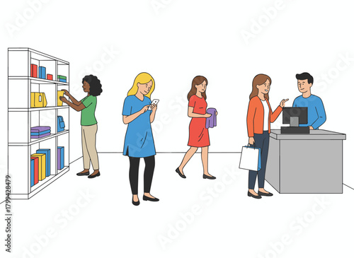 A group of women queueing at a boutique, with a female shopper browsing apparel, a cashier at the register selling garments, a sale and discount in a fashion outlet, all depicted in a flat-style