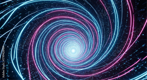 Abstract spiral tunnel with neon blue and pink glowing lines converging to a central light source