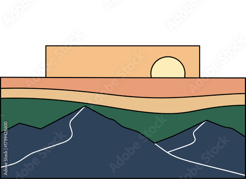 A landscape poster featuring a sun and mountain on a nature card, styled as Asian minimalist wall art with calm, tranquil abstract scenery, vertical background in a modern trendy look, rendered in