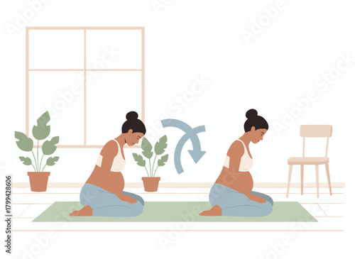 A pregnant woman exercises and practices yoga, doing the Cat Pose during prenatal training, targeting pregnancy fitness for moms with a belly, and engaging in stretching gymnastics, all illustrated