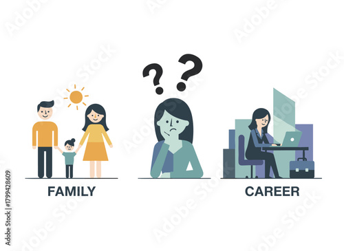 An anxious young woman weighing family against career, grappling with work‑life balance, child‑rearing, and job prospects, depicted as a flat vector illustration on a white background