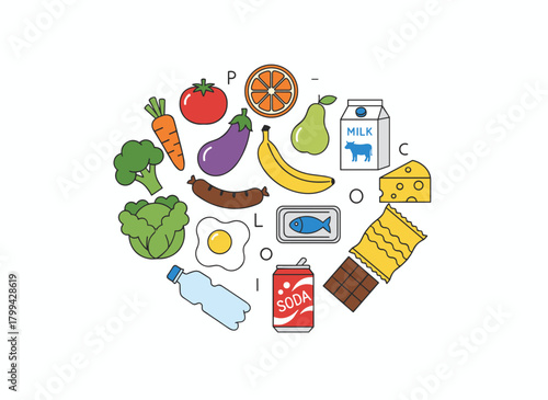 A flat vector illustration featuring a diverse assortment of grocery items—fruits, vegetables, beverages, snacks, and canned goods—displayed on a white background, showcasing both healthy and