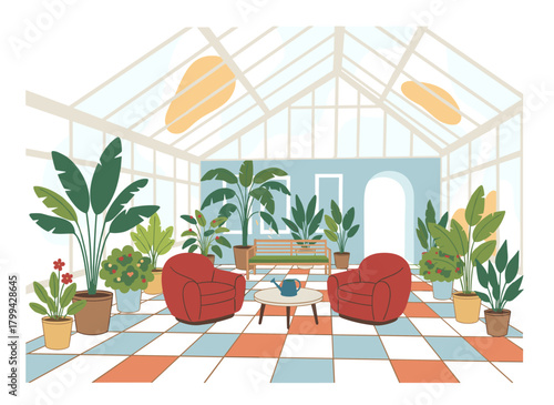 A freehand illustration of a greenhouse interior filled with tropical plants, showing palms, exotic potted trees, and large panoramic windows, rendered in vivid colors