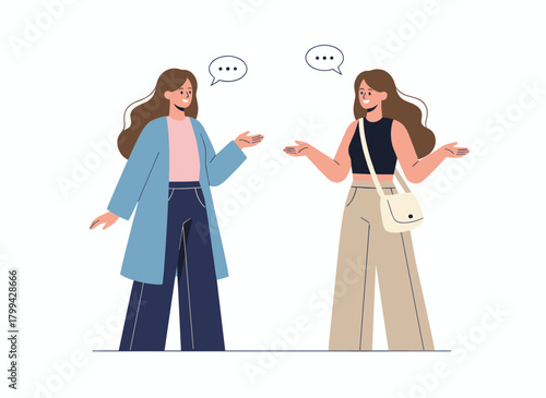 A joyful woman speaks; female friends gather and converse; a group of young girlfriends meet and interact; people engage in communication and interaction; a flat vector illustration set against a