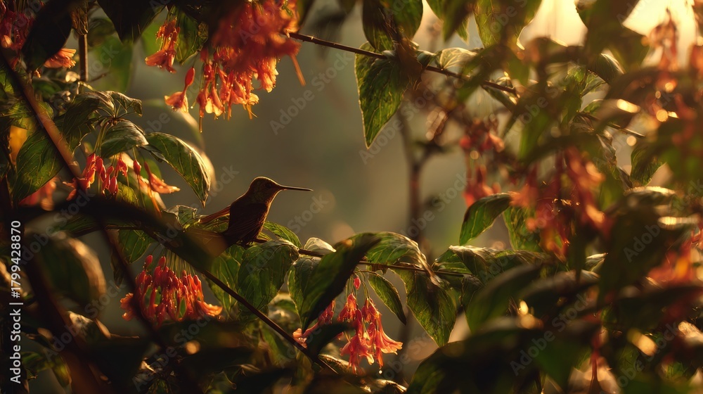Fototapeta premium A hummingbird rests amidst vibrant orange flowers, illuminated by warm sunlight filtering through lush green foliage