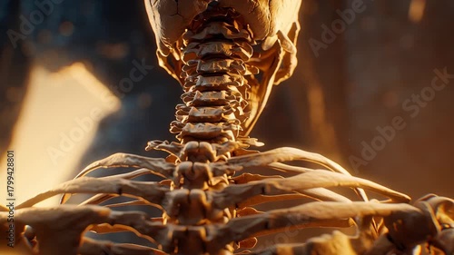 Intriguing Close-Up of Human Skeleton Illuminated by Warm Lighting in a Dark Environment
