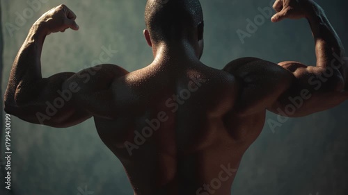 Powerful back muscles flexed in a bodybuilding pose emphasizing strength and physique