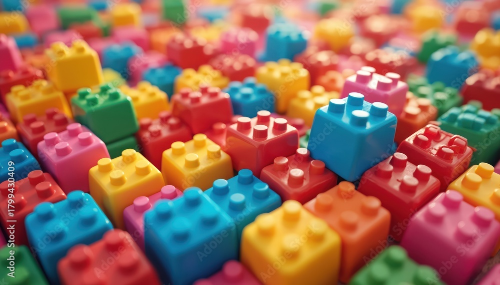 Naklejka premium A pile of colorful toy building blocks in various shapes and sizes. Educational playthings for children, fostering creativity and learning. Brightly colored plastic bricks.