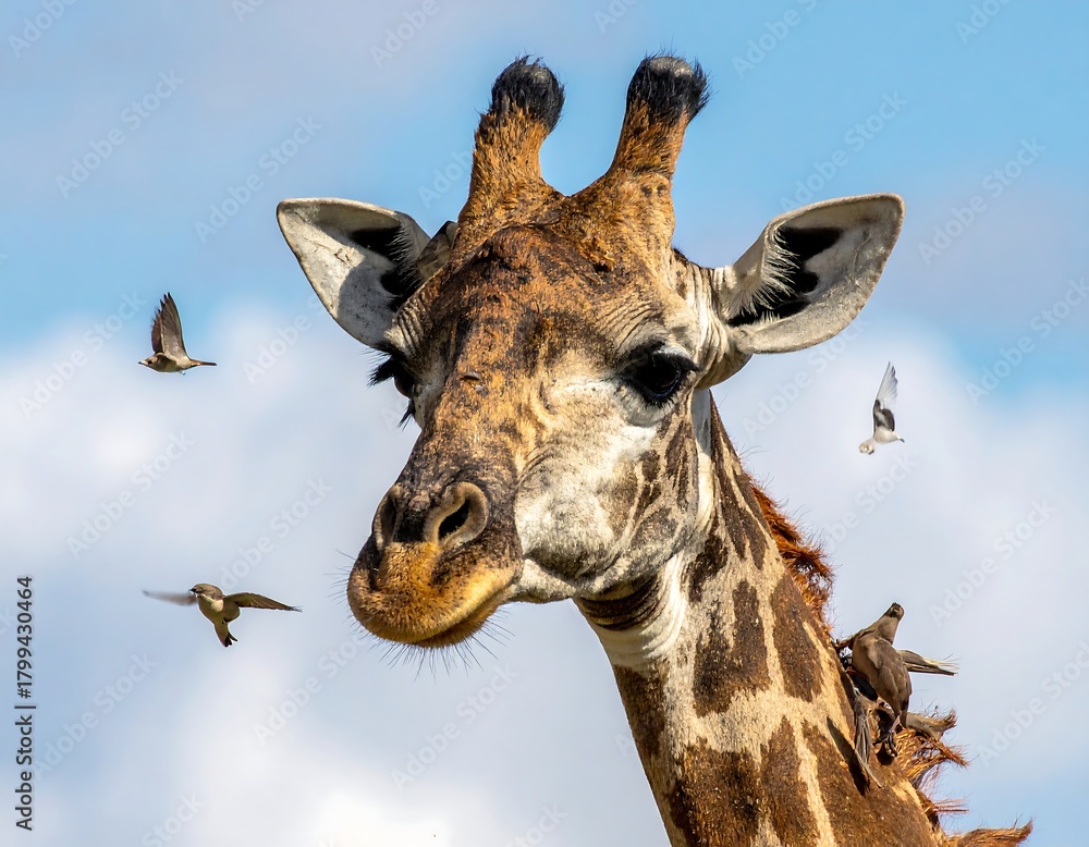 Naklejka premium Close-up of a giraffe with birds in the sky, sunny backdrop