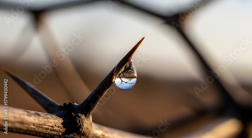A close-up shot of a thorn with a single water droplet hanging from it, capturing the intricate details and natural texture of the plant surface