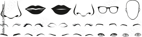 Collection of Black and White Icons of Facial Features and Accessories