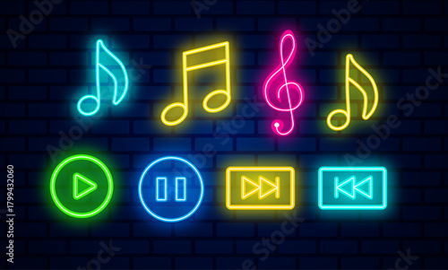 Media player icons set collection. Round play button icons. Video player icons. Cinema icon.Vector. Neon music note. Neon glowing musical note set.