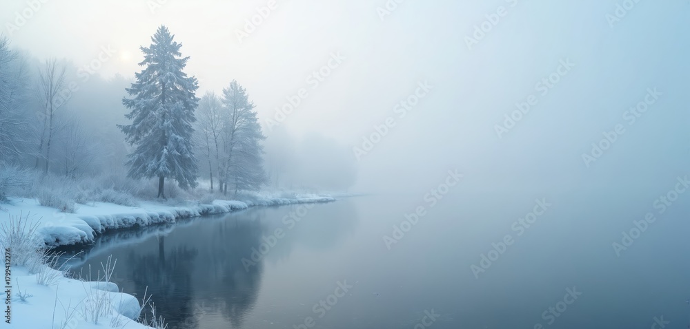 Fototapeta premium Snow covered trees line a tranquil frozen lake on a foggy winter morning. The soft pastel colors and gentle mist create a calm, quiet atmosphere.