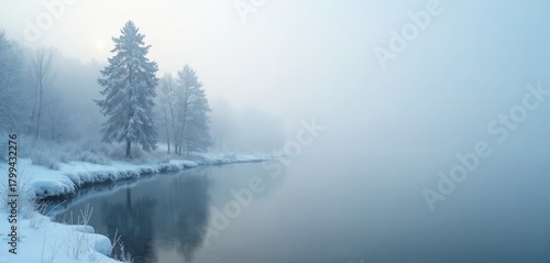 Snow covered trees line a tranquil frozen lake on a foggy winter morning. The soft pastel colors and gentle mist create a calm, quiet atmosphere.