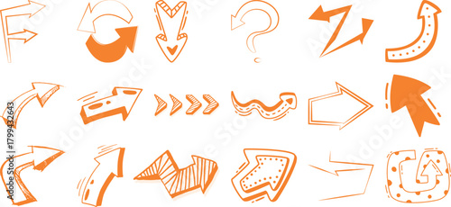 Collection of Hand-Drawn Orange Arrows and Directional Symbols