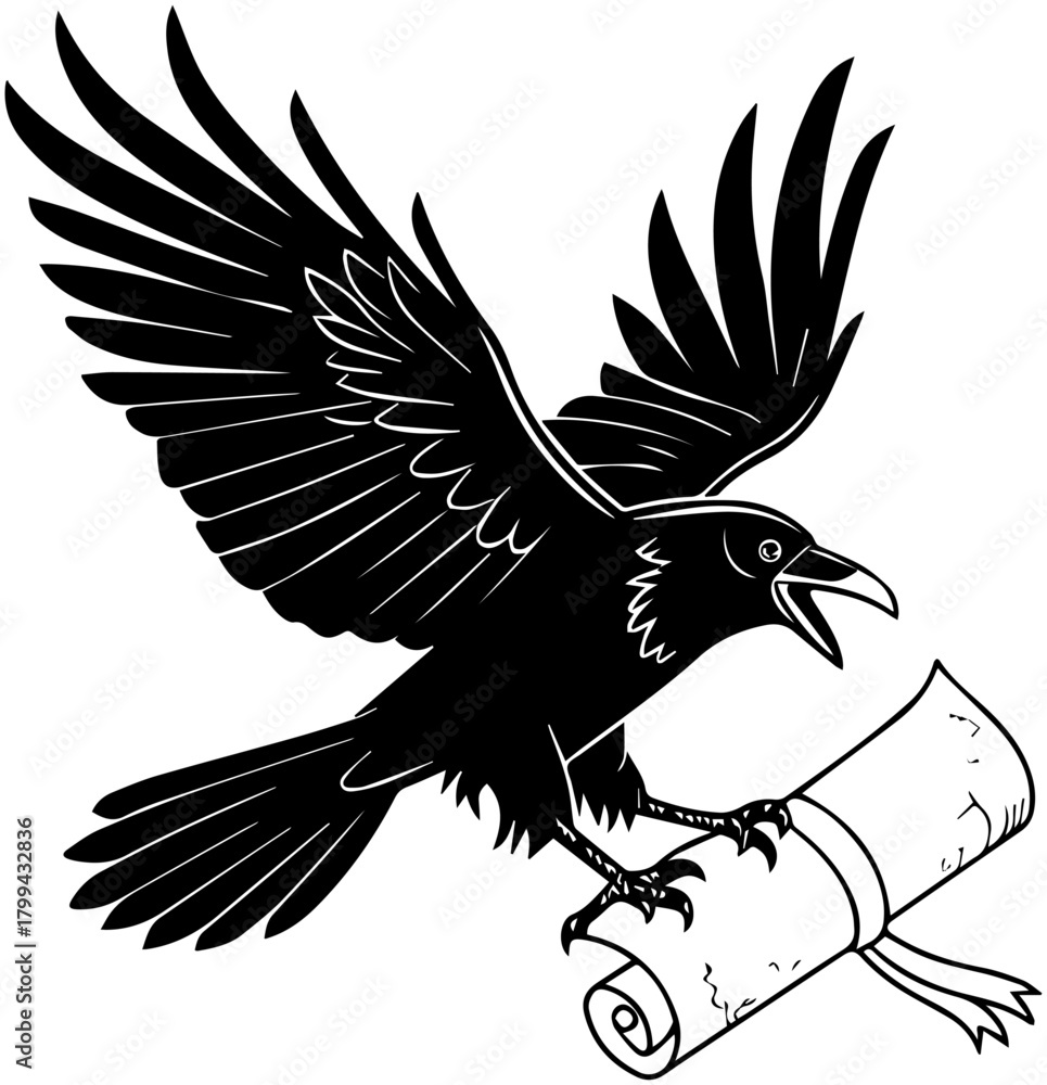 Naklejka premium Raven Silhouette – Message in Flight Scene