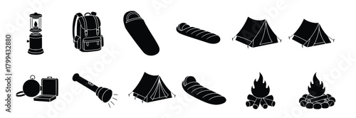 camping equipment silhouettes isolated on white background