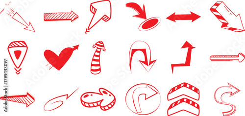 Collection of Red Hand-Drawn Arrows and Symbols on White Background