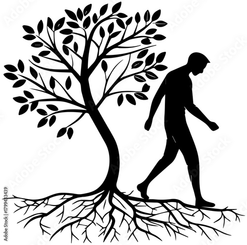 Rooted Tree Silhouette with Walking Figure – Symbolic Nature Scene