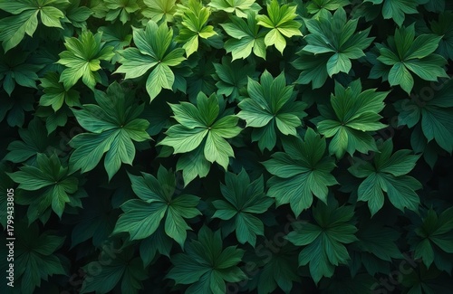 Dense green foliage forms a natural pattern. Large leaves overlap creating texture. Sunlight filters through leaves creating depth. Fresh vegetation grows in this forest setting.