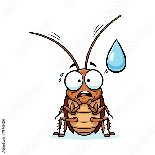 Cartoon cockroach with big eyes looking scared with a drop of sweat.