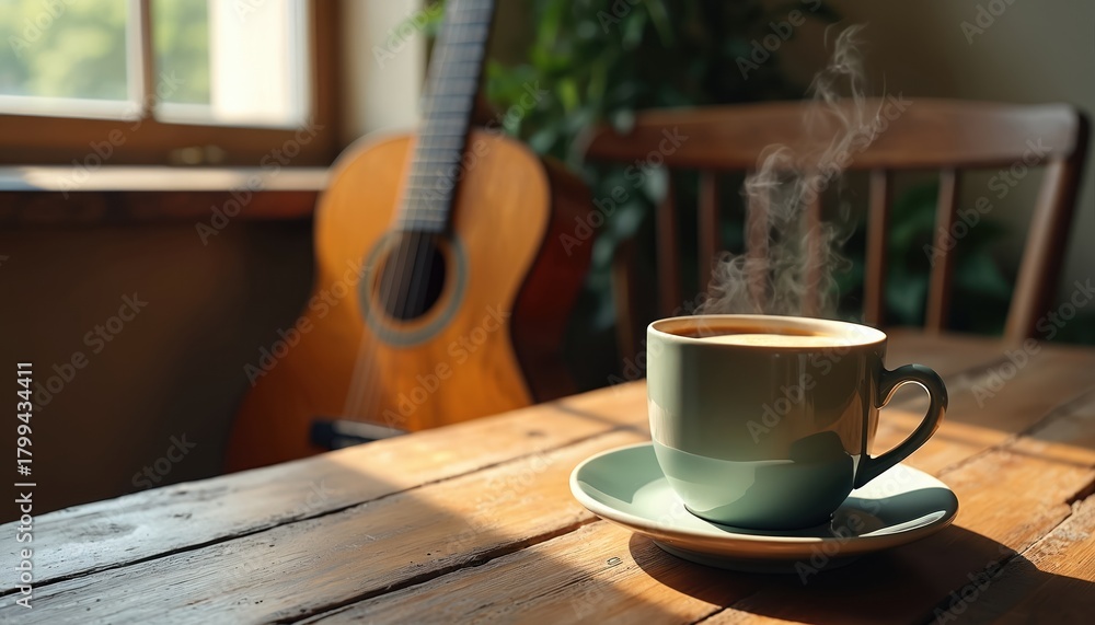 Naklejka premium Warm cup of coffee steams on wooden table beside acoustic guitar. Sunlight streams through window illuminating cozy rustic scene. Relaxed atmosphere perfect for quiet moments or creative inspiration.