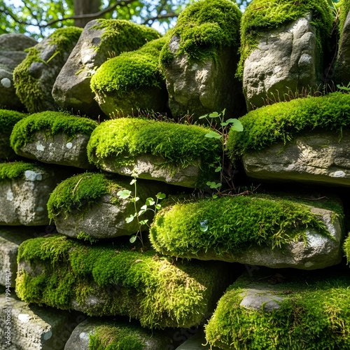 Close-up view of moss-covered stones stacked in a natural outdoor setting with sunlight filtering through the trees