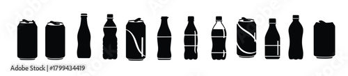 collection of black silhouettes of cans and bottles isolated 
