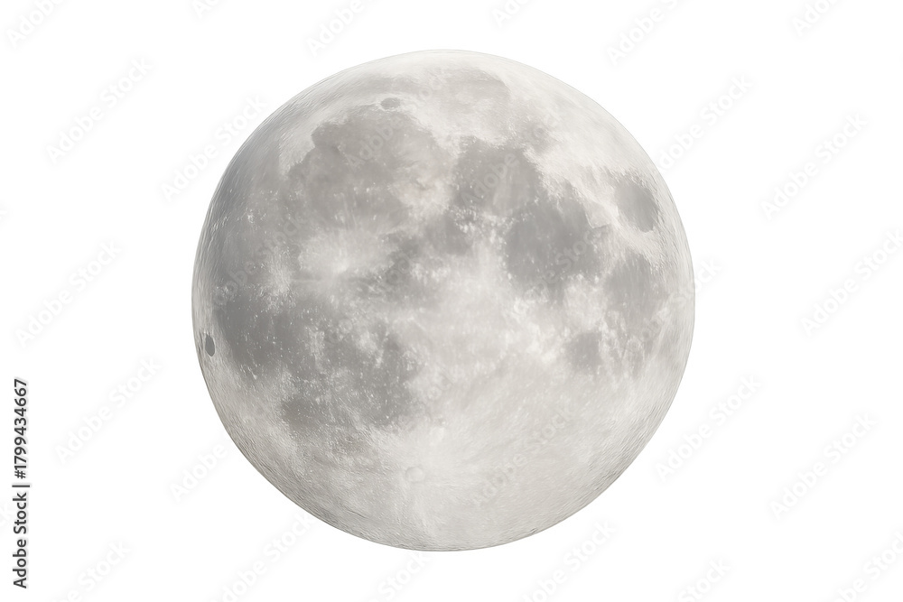 Naklejka premium Full moon rising in clear night sky, illuminating craters and vast lunar surface on transparent background