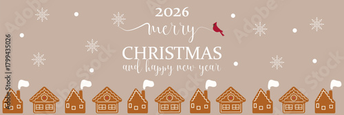 Christmas vertical banner with a frame made of gingerbread houses and red cardinal birds Festive decor Christmas banner with cookies Vector illustration
