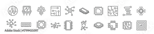 Collection of Line Icons of Chip and Scheme. Editable Stroke. Minimalistic Linear Pictogram for Design of Cards, Apps, Banners, Posts