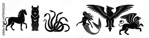 Collection of Mythical Creatures Silhouettes vector illustration