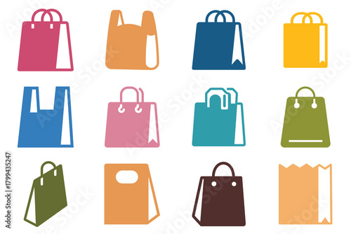 Branded shopping bag color vector icon set. Purchase sign. E-Commerce and online shop. Paper hand bag, gift bag, package design, grocery bag, Paper market packet. Vector illustration.