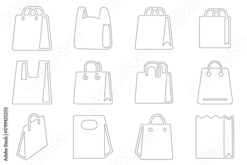 Shopping bag vector icon set. Purchase sign. Paper market bag symbols. E-Commerce and online shop. Paper hand bag, gift bag, package design, grocery bag, Paper market packet. Vector illustration.