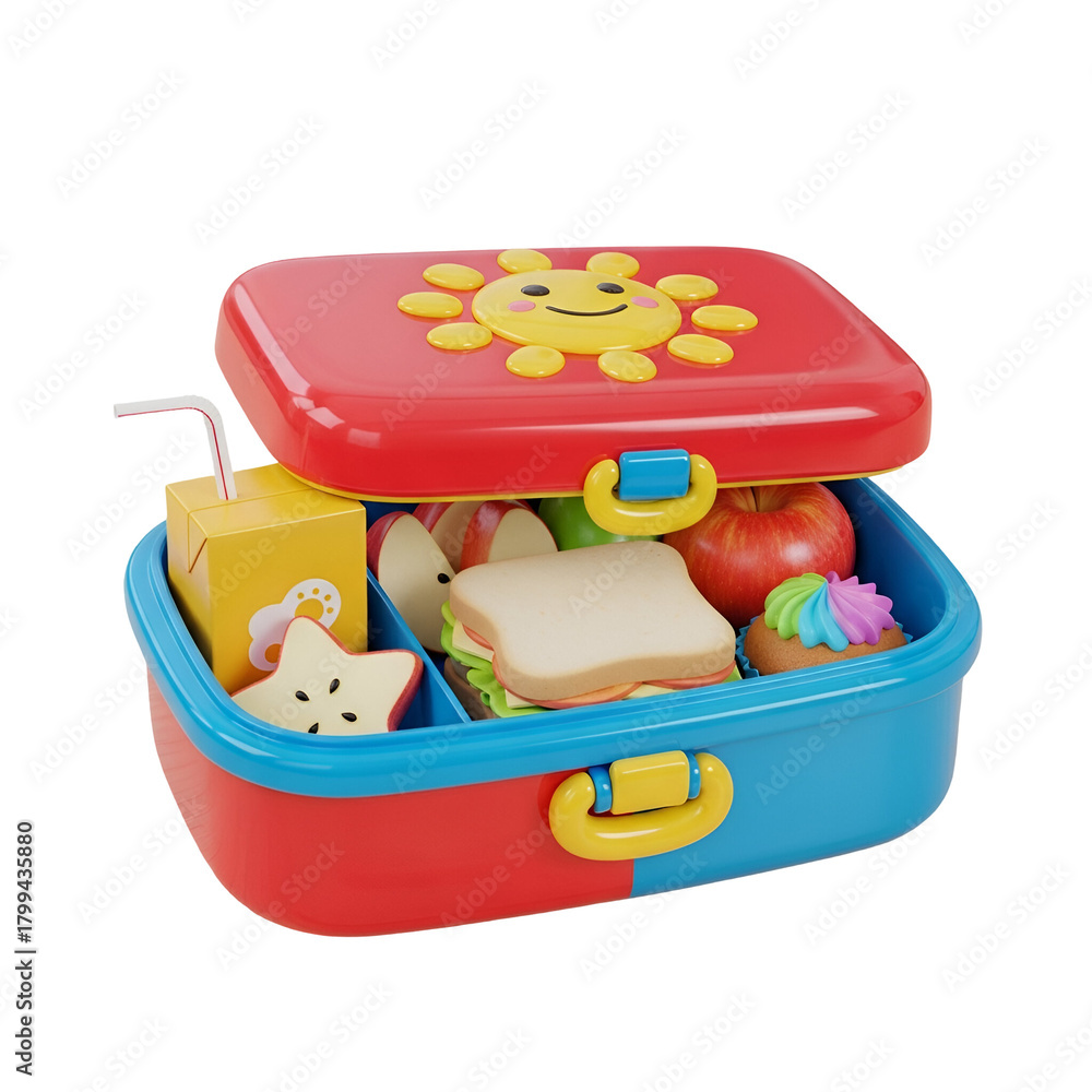 Obraz premium Colorful Children's Lunchbox Filled with Snacks and Drinks for Kids