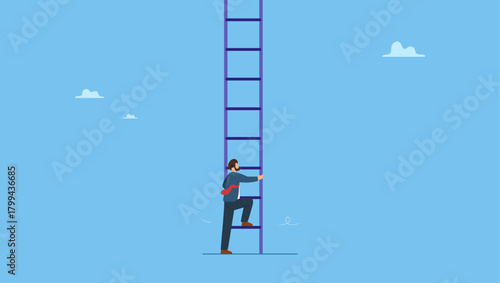 Confidence businessman look up to begin climbing ladder of success. Challenge to climb up success ladder, unknown journey ahead, step to new career opportunity, determination to achieve goal.