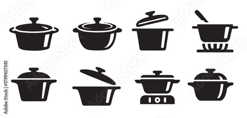 cooking pot icon set with multiple lid positions 
