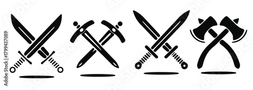 crossed swords and axes silhouette set