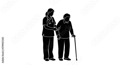 Silhouette of a caregiver assisting an elderly person walking with a cane, providing support and care.