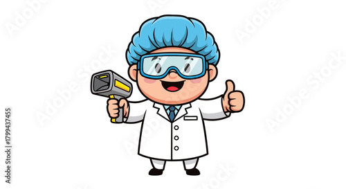 Cute cartoon scientist character in lab coat and goggles holding a scanner and giving a thumbs-up, representing research and safety.