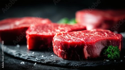 Close-up of Fresh, Bright Red Raw Beef Chunks [4K]