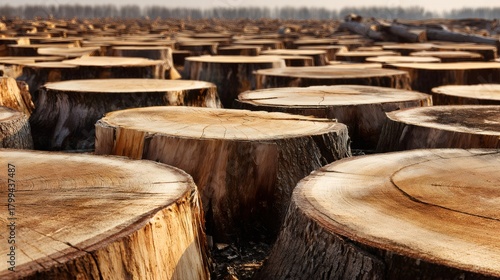 Tree stumps filling a clear cut forest, showing widespread deforestation and environmental impact from logging