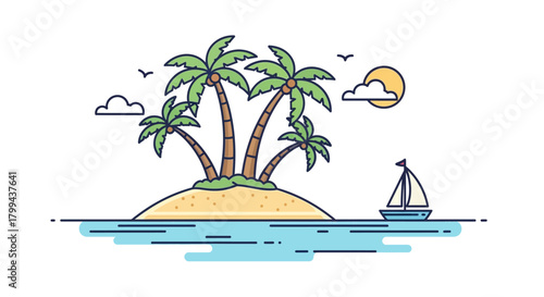 Minimalist illustration of a tropical island with palm trees, a sailboat on the ocean, and the sun in the sky.
