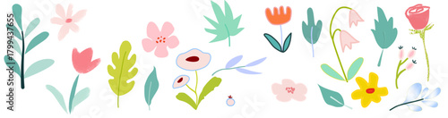 Flower crayon watercolor spring floral set. Hand drawn pastel crayon flower, leaf, plant with chalk texture. Cute nature background for kid, child, garden doodle element design. Vector illustration