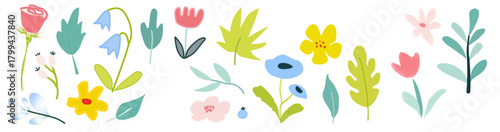 Flower crayon watercolor spring floral set. Hand drawn pastel crayon flower, leaf, plant with chalk texture. Cute nature background for kid, child, garden vector illustration of an abstract flower, 