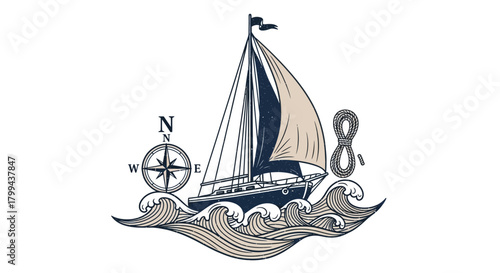 A vintage-style illustration featuring a sailboat on ocean waves, a compass rose, and a figure eight knot, symbolizing nautical adventure and exploration.